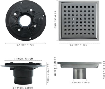 6 Inch Square Shower Drain, SUS 304 Stainless Steel Shower Drain with Flange, Removable Grid Cover Hair Strainer, High Flow Shower Floor Drain, Gun Grey