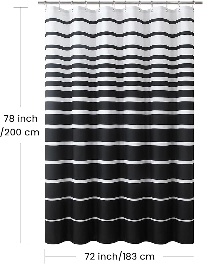 Black Shower Curtain 78 Inches Long, Modern Black and White Stripe Waterproof Polyester Shower Curtains for Bathroom, 72x78 Inches