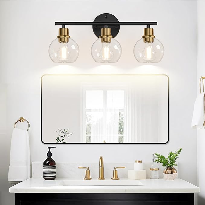 2025 Upgrade 3-Light Bathroom Light Fixtures, Black and Gold Bathroom Lights Over Mirror with Clear Glass Globe Shade, Vanity Lights for Bathroom Kitchen Living Room Hallway Cabinet Bedroom Porch