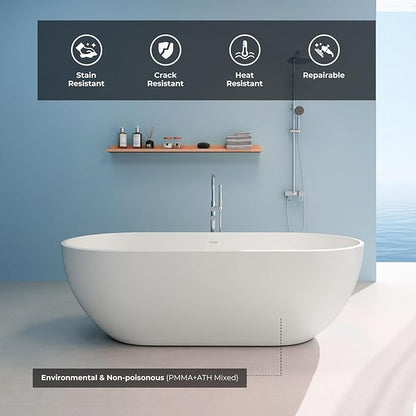 69" Premium Solid Surface Freestanding Bathtub, Oval Stone Resin Tub with Overflow and Pop-up Drain, Matte White