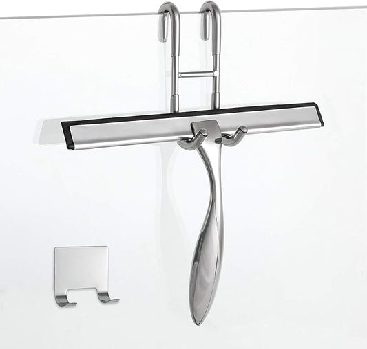 Simtive 10-Inch Shower Squeegee Set, Includes Shower Door Hook and Adhesive Hook, Squeegee for Shower Doors, Mirror and Window, Silver