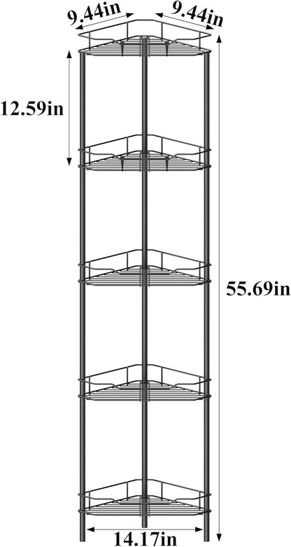5 Tier Floor Standing Corner Shower Caddy Organizer Shelf with Hooks, Bathroom Shelves Stand Rack, Black