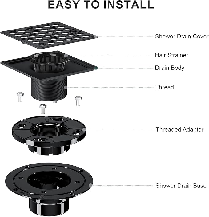 Uni-Green 4 Inch Shower Floor Drain with Flange, Square Shower Drain kit with Hair Strainer, Removable Octagon Strainer Cover, SUS 304 Stainless Steel & CUPC Certified - Matte Black