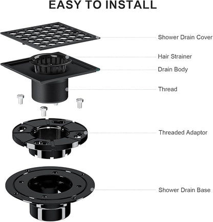 Uni-Green 4 Inch Shower Floor Drain with Flange, Square Shower Drain kit with Hair Strainer, Removable Octagon Strainer Cover, SUS 304 Stainless Steel & CUPC Certified - Matte Black