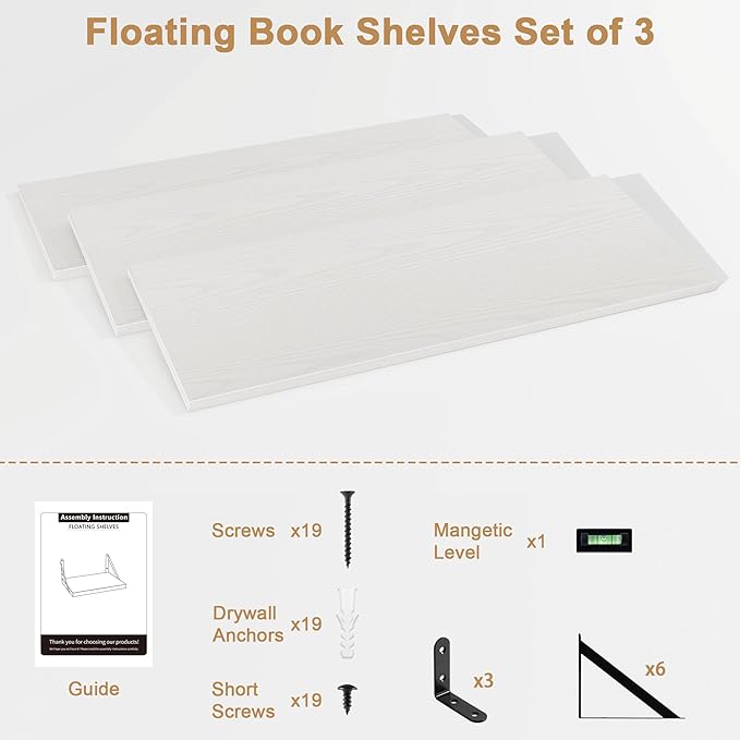 Fun Memories Floating Bookshelves, Set of 3 Wall-Mounted Wood Shelves 24" W x 8" D, Decorative Wall Shelf for Living Room, Bedroom, Bathroom, and Laundry Room (White)