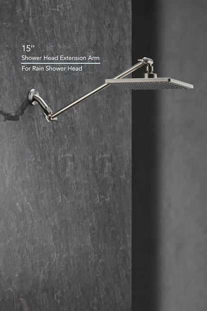 15 Inch Extra Long Adjustable Shower Head Extension Arm With Locking Set Screw, Singing Rain Brass Angle Height Adjustable, Easy To Install, G1/2 Universal Connector Compatible (Nickel Brushed)