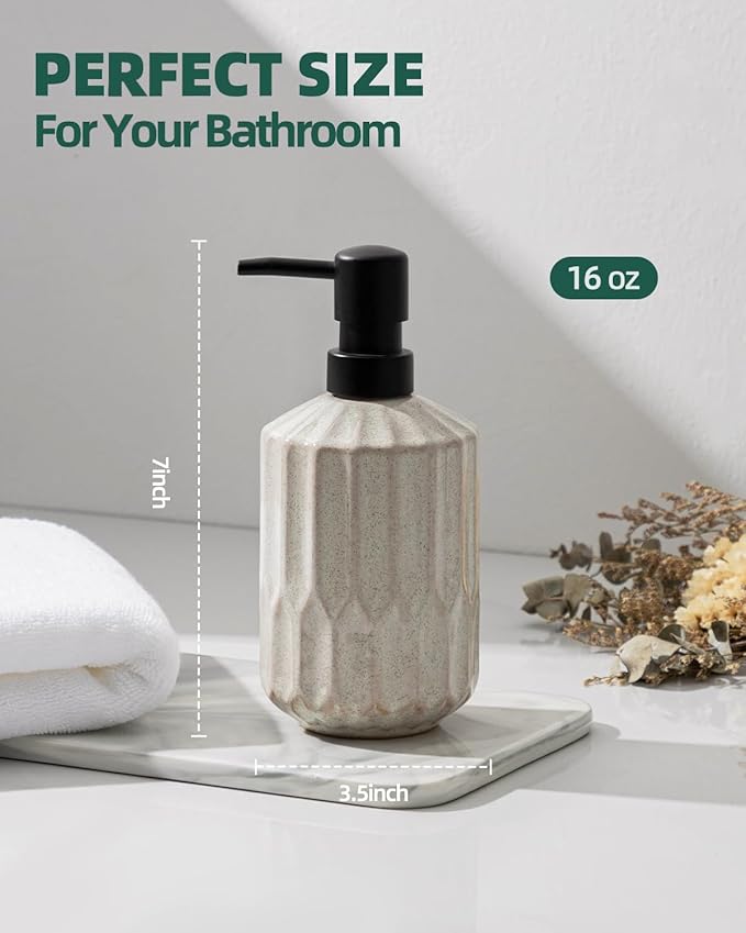FE FUN ELEMENTS Fun Elements Bathroom Soap Dispenser, 16 Oz Luxurious Hand soap Dispenser for Bathroom, Ceramic Liquid Countertop with Plastic Pump, Silicone Funnel (Black Pump)