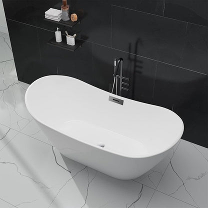 59'' Acrylic Freestanding Bathtub, Deep Soaking Tub with Non-Slip Base, cUPC Certified Free Standing Tub, Chrome Drain Bath Tub, Modern Tub for Bathrooms, White