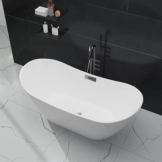 59 Inch Acrylic Freestanding Bathtub, Soaking Bathtub with Matte Drain and Overflow, Modern Square Tub with Deep Ergonomic Design, Double-Walled Insulation for Bathroom Relaxation, cUPC Certified