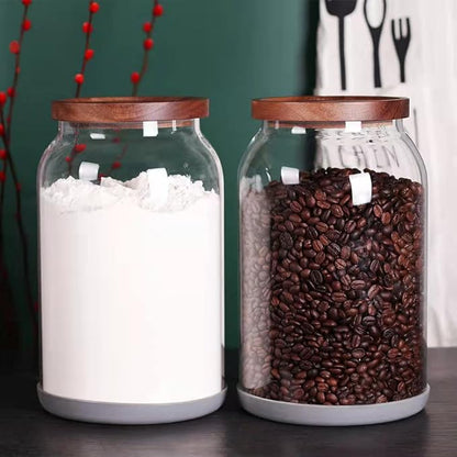 SAIOOL 1 Gallon Glass Jar with Wooden Acacia Airtight Lid,Large Glass Storage Jar set of 2, BPA-Free Cereal Dispenser Jars for flour,Spaghetti Pasta, Powder, Tea, Coffee