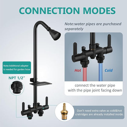 Aolemi Outdoor Shower Fixtures,Outdoor Shower Kit Faucet System 3 Inch Center with Showerhead 2 Handle Exposed Shower with Brass Mix Valve Pipe Downward with Soap Dish Matte Black