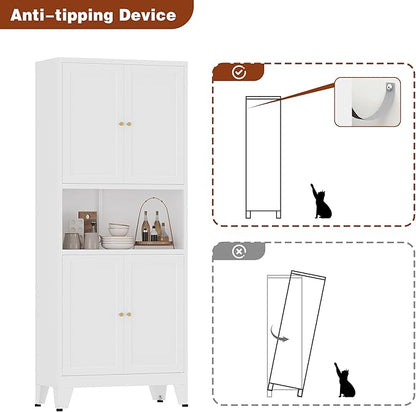 Metal Storage Cabinet, 69" Tall Bathroom Cabinets with 4 Doors & 3 Adjustable Shelves Large Cupboard, White Metal Pantry Cabinets for Kitchen, Home Office, Garage, Warehouse