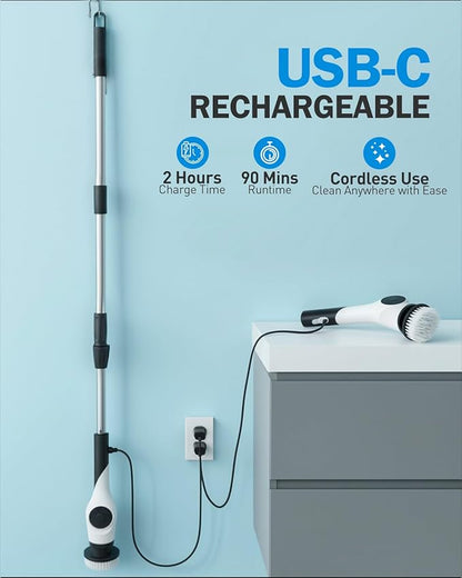 Electric Spin Scrubber, 3-Speed Cordless Shower Scrubber with 90° Adjustable & 10 Replaceable Brush Heads, 90 Mins Runtime & Full-Body IPX7 Waterproof Shower Cleaner Brush with Long Handle