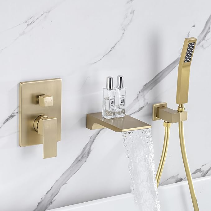 Wall Mount Roman Tub Filler Faucet Single Handle Bathroom Bathtub Faucet with Hand Sprayer Waterfall Tub Faucet with Hand Shower, Brushed Gold