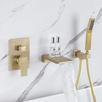 Wall Mount Roman Tub Filler Faucet Single Handle Bathroom Bathtub Faucet with Hand Sprayer Waterfall Tub Faucet with Hand Shower, Brushed Gold