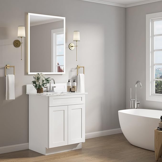 ROOMTEC Bathroom Cabinet, 27'' Free Standing Single Bathroom Vanity with 1 False Drawer and 2 Doors,Morden Bathroom Sink Vanity Storage Cabinet, Shaker White
