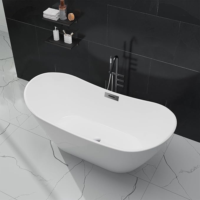 67" Acrylic Freestanding Bathtub, Modern Deep Soaking Tub, cUPC Certified Free Standing Tub, Chrome Drain/Overflow, White Acrylic, Sky White