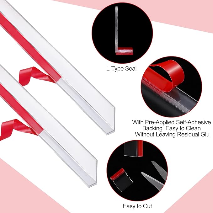 2 Pcs Long Clear Vinyl L-Type Seal Strip with Pre-Applied Self Adhesive Shower Threshold Water Dam Barrier Bathroom Glass Door Seal Strip for Gap Frameless Shower Door