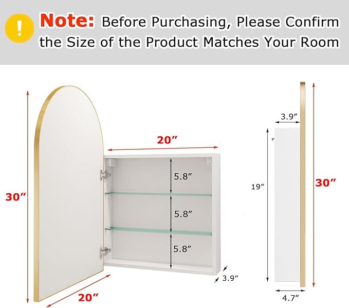 FKWin Gold Medicine Cabinet Mirror, Surface Mount Bathroom Storage Cabinet with Mirror for Left or Right Opening, not Recessed, Modern Vanity Bathroom Mirror with Storage, Gold, 20x30 inch