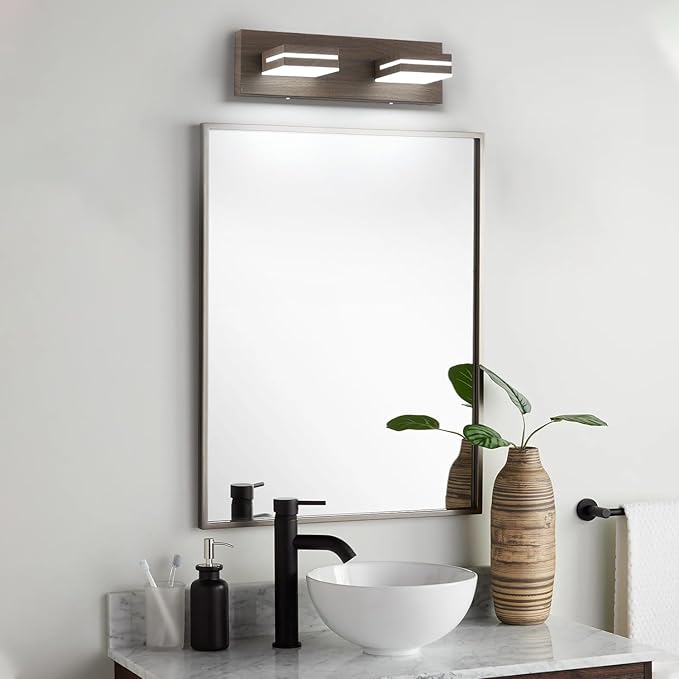 SineRise LED Modern Bathroom Vanity Light Fixtures (2-Light, 15.5-Inch, Dimmable), Brown Wood Painted Modern Acrylic Bathroom Wall Lighting Fixtures Over Mirror (Cool White 6000K)