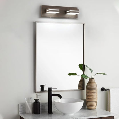 SineRise LED Modern Bathroom Vanity Light Fixtures (2-Light, 15.5-Inch, Dimmable), Brown Wood Painted Modern Acrylic Bathroom Wall Lighting Fixtures Over Mirror (Cool White 6000K)