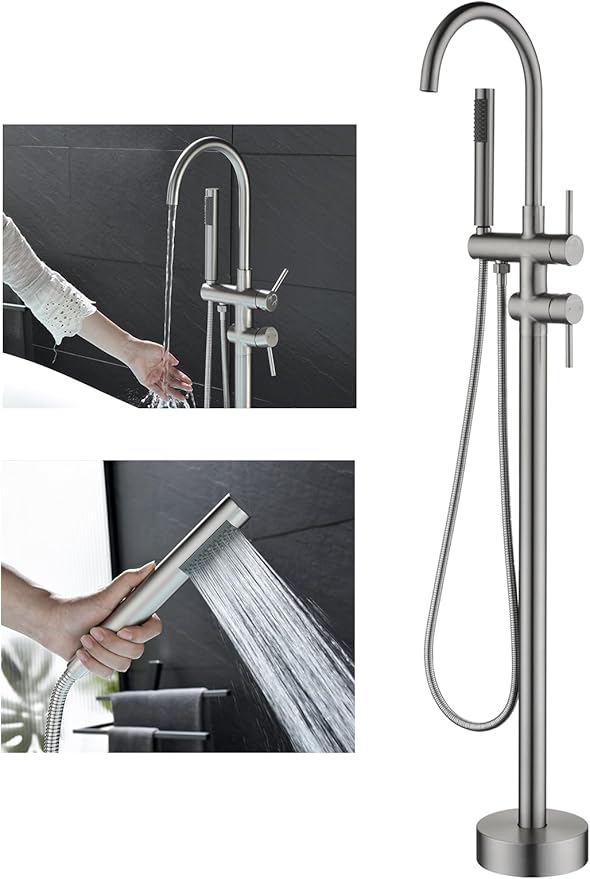 Freestanding Bathtub Faucet Floor Mount Tub Filler Brush Nickel, OMEKNTOP Modern Freestanding Tub Faucet with 360 Swivel Gooseneck Spout and Handheld Shower, Standing Tub Faucet for Bathroom