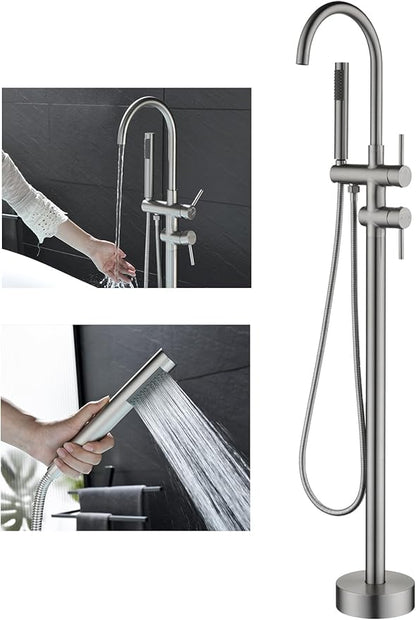 Freestanding Bathtub Faucet Floor Mount Tub Filler Brush Nickel, OMEKNTOP Modern Freestanding Tub Faucet with 360 Swivel Gooseneck Spout and Handheld Shower, Standing Tub Faucet for Bathroom