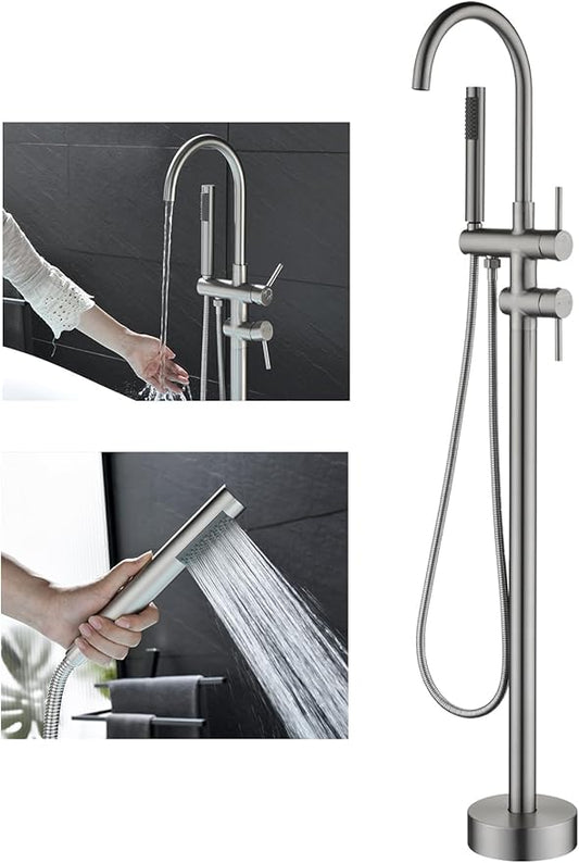 Freestanding Bathtub Faucet Floor Mount Tub Filler Brush Nickel, OMEKNTOP Modern Freestanding Tub Faucet with 360 Swivel Gooseneck Spout and Handheld Shower, Standing Tub Faucet for Bathroom