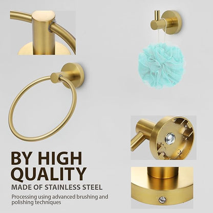 Brushed Gold Bathroom Hardware Set 4 Piece Towel bar Set,Towel Rack for Bathroom Wall Mounted Adjustable Expandable 24 inch Towel Holder Robe Hook Towel Ring Toilet Paper Holder