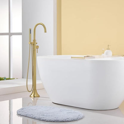Free Standing Tub Faucet Brushed Gold Freestanding Bathtub Faucet Floor Mount Brass Bathroom Tub Filler with Hand Shower