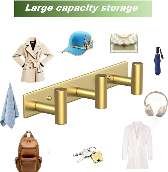 Wall Mounted Coat Rack-3 Hooks, Heavy Duty Stainless Steel Wall Hooks for Towel Coat Bag, Hat Rack Coat Hanger Coat Hooks Towel Racks for Bathroom Entryway Kitchen Hotel Office (Gold,1 Pack)