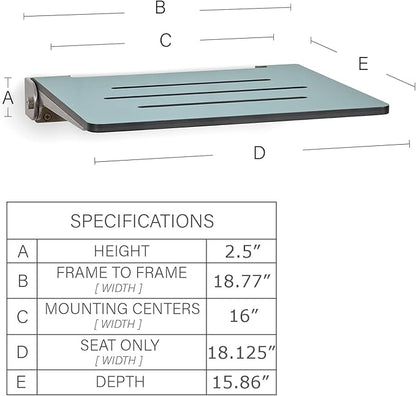 18 inch Silhouette Slimline Folding Wall Mount Shower Bench Seat, Teal Seat with Silver Frame