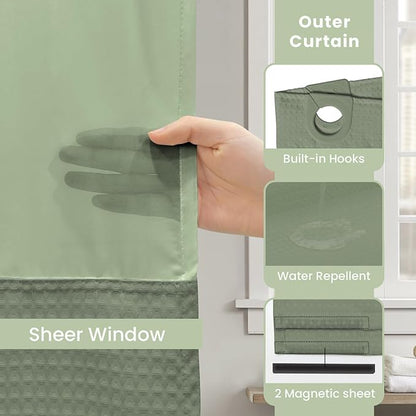 Inhousolu Stall No Hook Shower Curtain with Snap in Fabric Liner Set Waffle Weave 230GSM Weighted Hem, Waterproof & Washable Bathroom Curtain Spa Luxury with Mesh Top Window 36" W x 72" L Sage Green