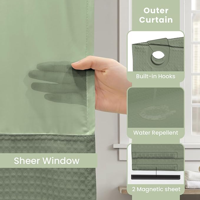Inhousolu No Hook Shower Curtain with Snap in Fabric Liner Set Waffle Weave 230GSM Weighted Hem, Waterproof & Washable Bathroom Curtain Spa Luxury with Mesh Top Window 72" W x 72" L Sage Green