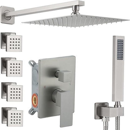 Full Body Shower System Concealed Shower Faucet Set with Body Massage Jets 10 Inch Shower Head Trim Kit 3 Function Wall Mount High Pressure for Bathroom
