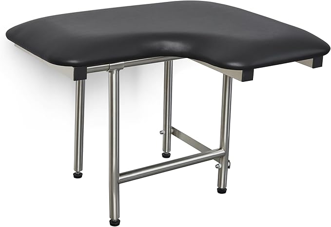 32" x 22.5" Black Padded Wall Mount Folding Left-Handed Transfer Bench Shower Seat with Legs, ADA Compliant