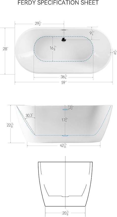 FerdY Bali 59" Acrylic Freestanding Bathtub,Gracefully Shaped Freestanding Soaking tub, Glossy White, cUPC Certified, Chrome Drain & Classic Slooted Overflow Assembly Included