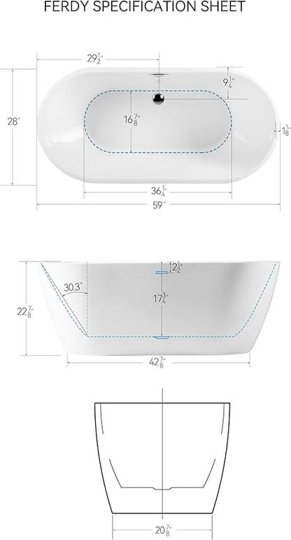 FerdY Bali 59" Acrylic Freestanding Bathtub,Gracefully Shaped Freestanding Soaking tub, Glossy White, cUPC Certified, Chrome Drain & Classic Slooted Overflow Assembly Included