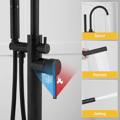 BESy Freestanding Bathtub Faucet Tub Filler Free Standing Floor Mount Stand Brass Bathroom Tub Faucets with 2 Function Hand Shower Wand Swivel, Matte Black Finish