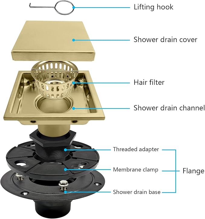 4 Inch Square Shower Drain with Flange, Removeable Grate SUS 304 Stainless Steel Shower Drain with Hair Catcher (Brushed Gold-1, 4 Inch)