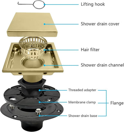 4 Inch Square Shower Drain with Flange, Removeable Grate SUS 304 Stainless Steel Shower Drain with Hair Catcher (Brushed Gold-1, 4 Inch)