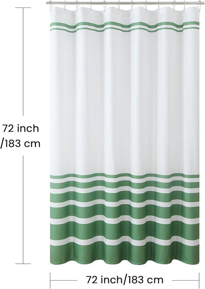 Green and White Striped Shower Curtain 72x72 Inches, Waterproof Fabric with Modern Gradient Lines, 12 Rustproof Grommets & Weighted Hem