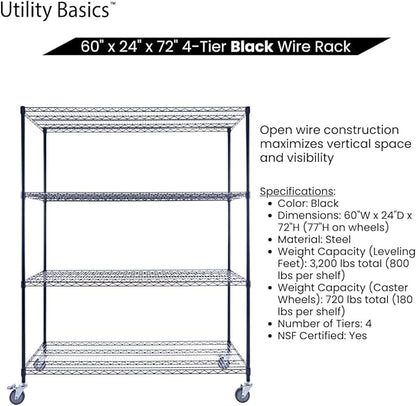 NSF Commercial 4-Tier Wire Shelving with Wheels, 60"x24"x72" Heavy Duty Metal Shelves 3200 lbs Max Capacity, Black Storage Rack for Garage Kitchen Pantry Warehouse