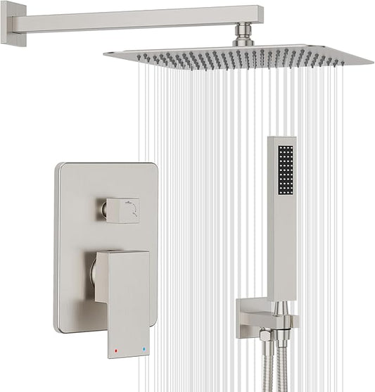 Gabrylly Shower System, High-Pressure 10" Stainless Steel Rain Showerhead with handheld Spray Combo, Rainfall Shower Faucet Set Complete, 2 Way Valve Included, Brushed Nickel