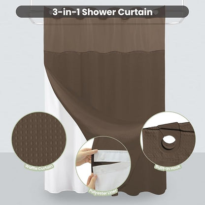 Inhousolu No Hook Shower Curtain with Snap in Fabric Liner Set Waffle Weave 230GSM Weighted Hem, Waterproof & Washable Bathroom Curtain Spa Luxury with Mesh Top Window 72" W x 72" L Brown