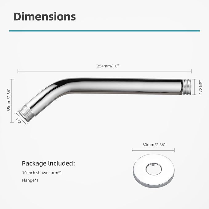 Cobbe Shower Arm with Flange and Teflon Tape, 10-Inches Wall Mounted Shower Pipe Arm 304 Stainless Steel Extension for Fixed Shower Head, Chrome