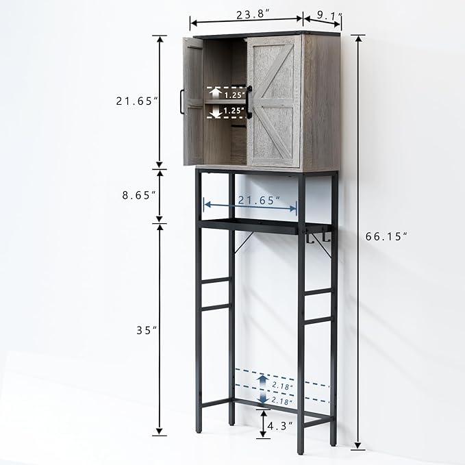 Over The Toilet Storage Cabinet, Bathroom Above Toilet Cabinet Organizer with Doors and Adjustable Shelves, Bathroom Shelf Organizer with Anti-Tip Device & Drain Rack, Grey