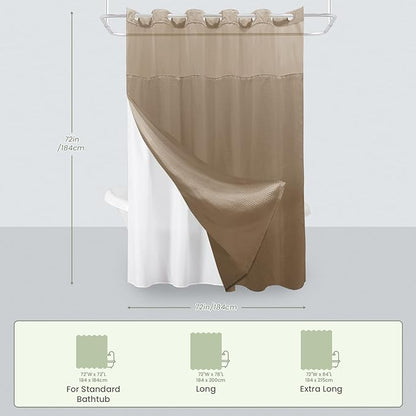 Inhousolu No Hook Shower Curtain with Snap in Fabric Liner Set Waffle Weave 230GSM Weighted Hem, Waterproof & Washable Bathroom Curtain Spa Luxury with Mesh Top Window 72" W x 72" L Beige