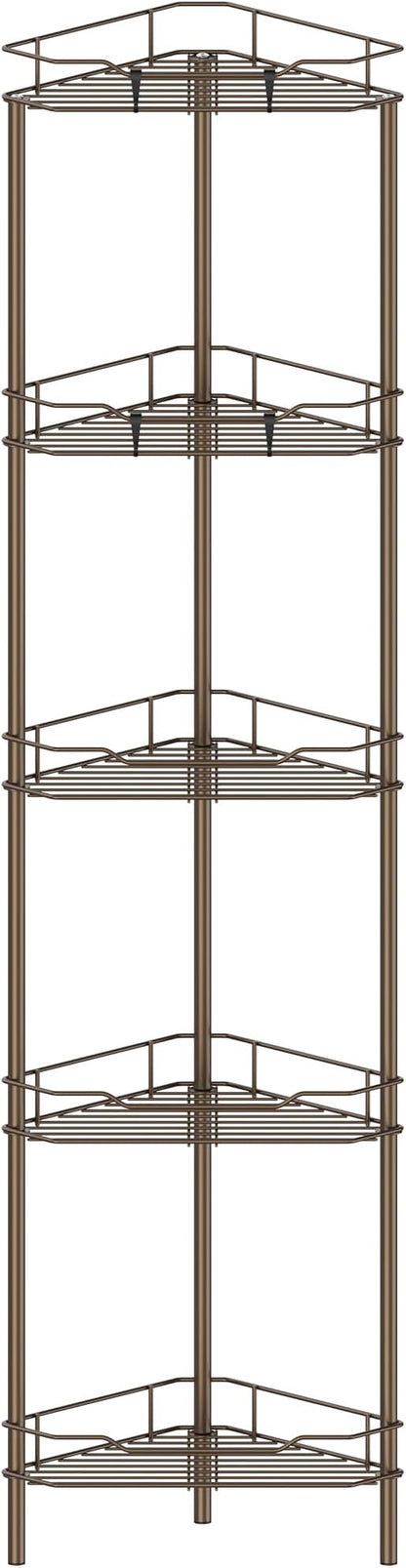 5 Tier Floor Standing Corner Shower Caddy Organizer Shelf with Hooks, Bathroom Shelves Stand Rack, Bronze