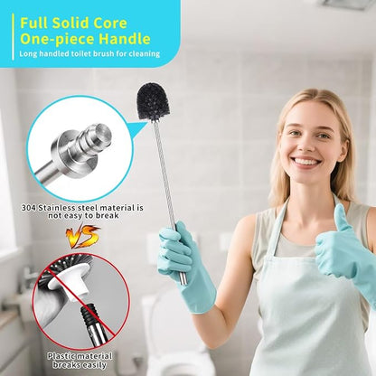 Toilet Bowl Brush and Holder Solid Long Handle Toilet Brush for Bathroom with Heavy Duty 304 Stainless Steel Base and 2 Brush Heads for Domestic Deep Cleaning Under Rims (Silver 1)
